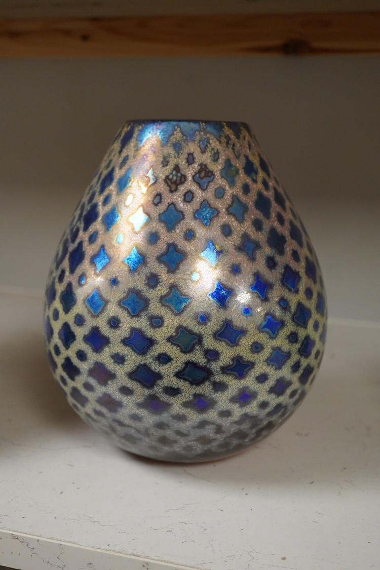 Siddy Langley, a blue iridescent glass vase, 23cm high